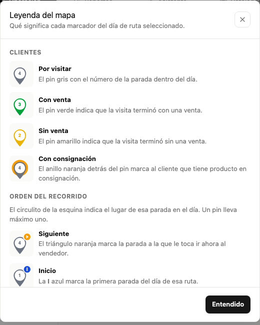 Leyenda del mapa de rutas en la App web