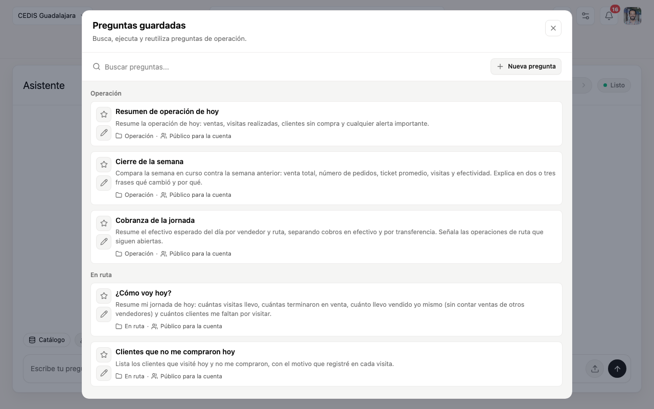 Catálogo de preguntas guardadas del asistente con la categoría En ruta