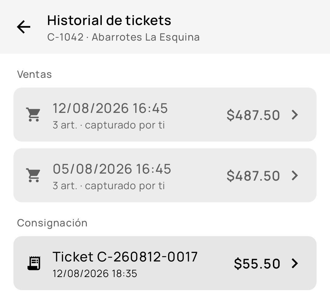 Historial de tickets de un cliente en la app Android, con la sección Consignación